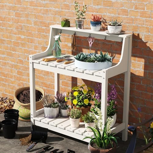 Domi 3-Tier Potting Benches for Outside, HDPE Outdoor Potting Table, White - color: White