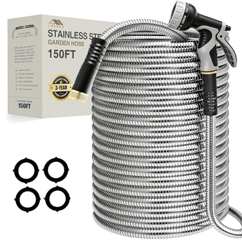 Lefree 150ft Stainless Steel Garden Hose with 10 Function Spray Nozzle - color: Gray, size: 150FT