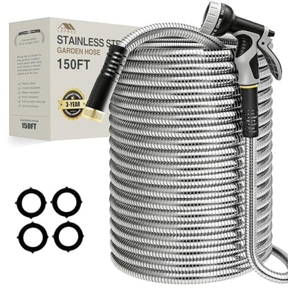 Lefree 150ft Stainless Steel Garden Hose with 10 Function Spray Nozzle - color: Gray, size: 150FT