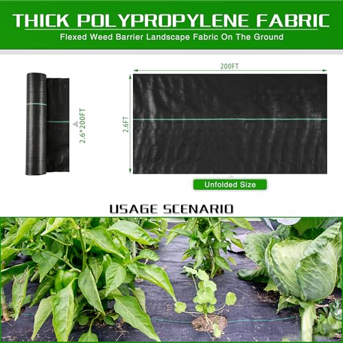 Weed Barrier Landscape Fabric Heavy Duty, 2.6FT x 200FT Thicken Garden Blocker Fabric Weed Mats, Weed Control Garden Cloth, Woven Geotextile Fabric for Garden Beds, Underlayment, Commercial Driveway - color: 2.6X200FT