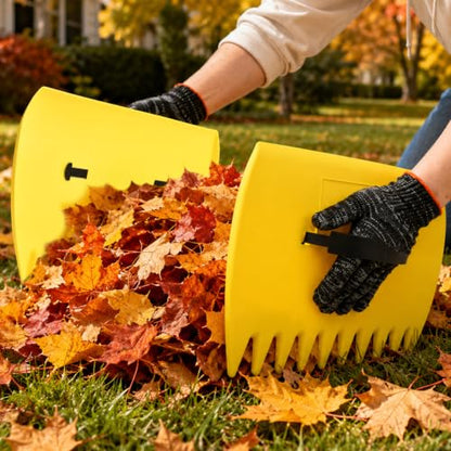 Leaf Scoops and Claws with Gardening Gloves, Large Lightweight Plastic Hand Rakes Yard Grabber for Lawn Clippings, Grass & Trash Pick Up, Ergonomic Adjustable Handles(Yellow) - color: Yellow