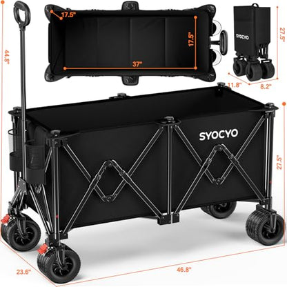 Beach Wagon Carts Foldable 570LBS Collapsible Wagon with Big All-Terrain Wheels for Sand 330L Heavy Duty Utility Carts with Cup Holders for Garden, Camping, Grocery, Black