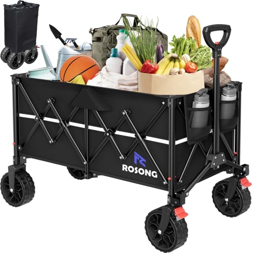 ROSONG Collapsible Wagon Cart with Wheels Foldable - Folding Utility Heavy Duty Wagons Carts for Grocery Sports Garden Shopping Camping Wheelbarrows (Black, 150L) - color: Black, size: 150L