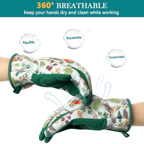 Gardening Gloves for Women, Breathable Leather Garden Gloves,Gardening Gift - color: White - Flowers Birds