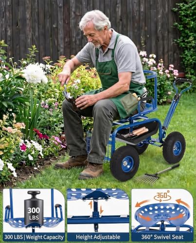 Garvee Heavy Duty Garden Cart, Garden Scooter Rolling Workseat - color: Blue With Backrest
