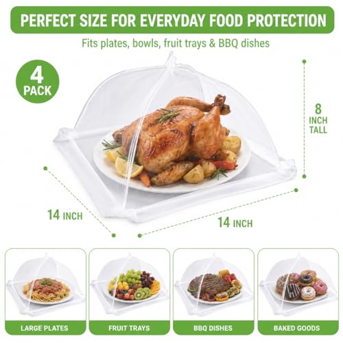 Food Cover,4 Pack Mesh Food Tent,14"x14",White Nylon Covers,Pop-Up Umbrella Screen Tents,Patio Net for Outdoor Camping, Picnics, Parties,BBQ,Collapsible and Reusable - color: 4*14inch