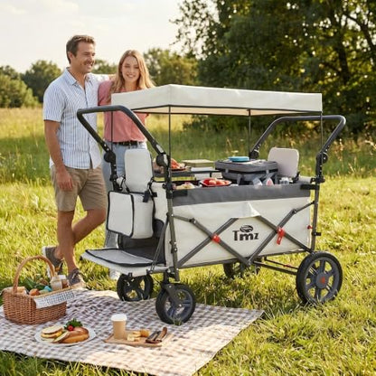 TMZ Collapsible Wagon with 2 Foldable Seats, Folding Wagon with Canopy, Multi Functional Cart with Adjustable Handle Bar, Front Expandable for Transport Camping (Grey/Beige) - color: Grey/Beige