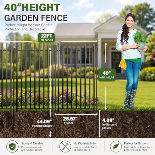 No Dig Decorative Garden Fence, 40in(H)×22ft(L), 10 Panels with Gate - size: 40 in(H) X 22 ft(L)
