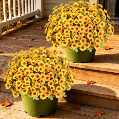 12 PCS Artificial Mums for Outdoors, UV Resistant Fake Fall Flowers - color: Yellow
