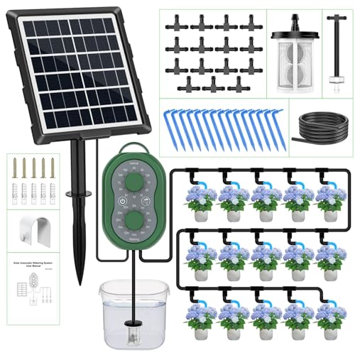 50FT Automatic Solar Drip Irrigation System, Solar Automatic Plant Waterer Kit, Supported 15 Pots, Indoor/Outdoor Irrigation Kit for Garden, Balcony & Patio Vacation Free