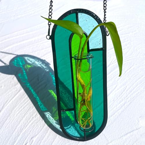 LITMIND Stained Glass Plant Propagation Station, Hanging Hydroponic Planter Terrarium with 2 Glass Tubes - Perfect for Home & Garden Décor - color: Style C01 (Aqua Green)