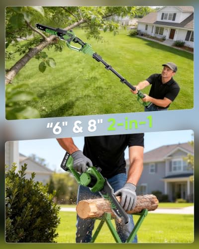 Cordless Pole Saw for Tree Trimming, 2-in-1 Mini Chainsaw, 2x4.0Ah Battery - color: Black Green