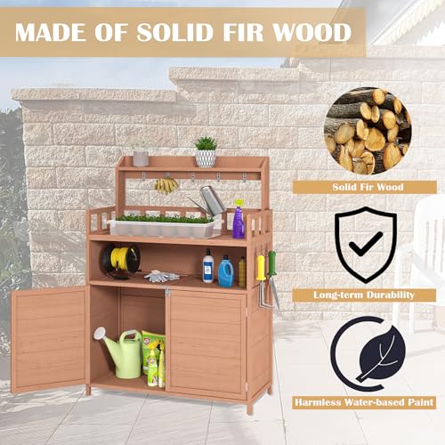 Potting Bench, Wood Garden Workstation, Brown Storage Cabinet