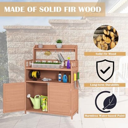 Potting Bench, Wood Garden Workstation, Brown Storage Cabinet