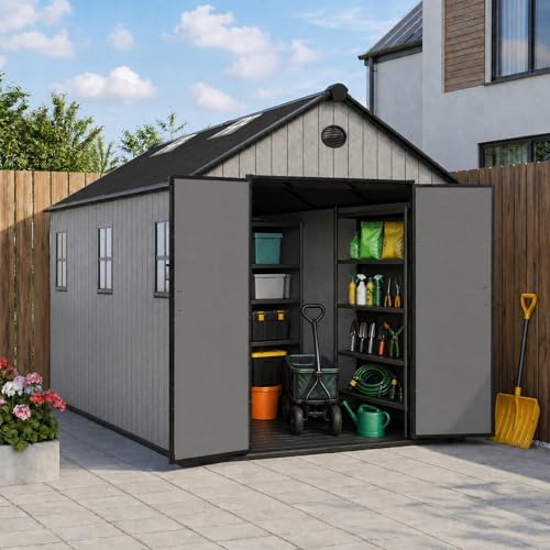 ZYJOYY Outdoor Storage Shed 8x12 FT with Floor, 16mm Resin Tool Shed, Grey - color: Grey & Black