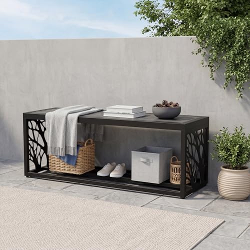 47" Outdoor Storage Bench, HDPE Seat, Steel Frame, Tree - style: Tree of Life