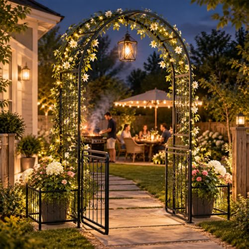 VINGLI Garden Arbor Arch with Gate and Planter Box, Wedding Arch Archway for Ceremony Party, Trellis for Plant Climbing, Christmas Decorations Pergola for Backyard, Lawn, Patio, Yard - style: Arbor with Gate and Planter Box