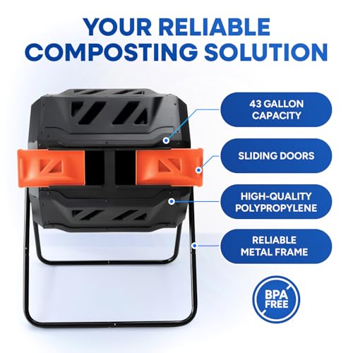 PLASTIC PRINCE Compost Tumbler Rotating Garden Compost Bin Outdoor Dual Chamber 43 Gallon Backyard Composter Tumbling Barrel Mixer Outside, Large, Orange - color: Black/Orange