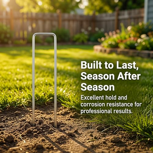 Landscape Staples 6 Inch - 50 Pack Heavy Duty U-Shaped Garden Stakes (50 Pins + 50 Gaskets), 11 Gauge Galvanized Ground Anchors for Weed Barrier Fabric, Sod, Lawn Edging (50)