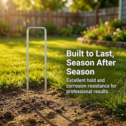 Landscape Staples 6 Inch - 50 Pack Heavy Duty U-Shaped Garden Stakes (50 Pins + 50 Gaskets), 11 Gauge Galvanized Ground Anchors for Weed Barrier Fabric, Sod, Lawn Edging (50)
