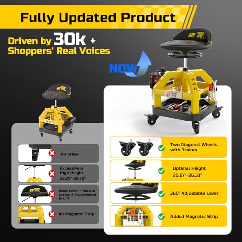 Rolling Shop Stool for Garage with Casters, DO02-Adjustable Height 360° Swivel Shop Seat with Tool Tray Storage, 330 LBS Capacity Padded Mechanic Stool, Magnetic Tool Hold, Heavy Duty,Yellow - color: Yellow