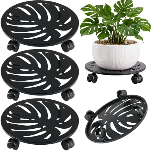 3-Pack 12" Round Metal Plant Caddy with Wheels Heavy-Duty Large Rolling Plant Stand Indoor Outdoor Wheeled Planter Dolly Cart Coaster Flower Pot Mover Roller Base, Garden Trolley - size: 12 in - 3 packs