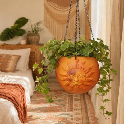 5.4" High Hanging Planter Pot Orange Resin Flower Basket with Chain and Drainage Hole for Indoor Outdoor Plants Succulents Ivy Home Decor