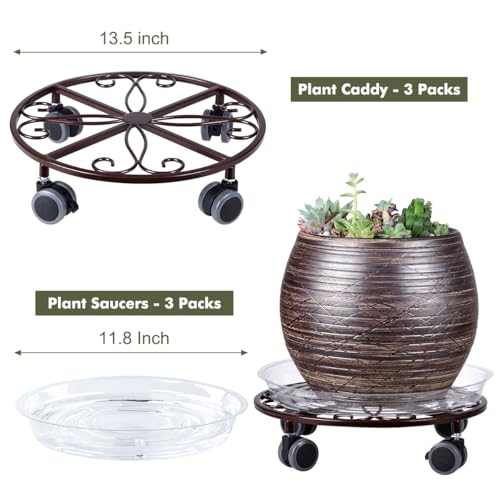 3 Pack Plant Caddy with Wheels & Saucers, Heavy Duty 13.5 Inch Metal Plant Stand with Wheels, Plant Dolly Rolling Plant Stand Plant Roller with Casters for Indoor and Outdoor, Bronze