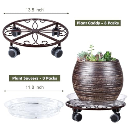3 Pack Plant Caddy with Wheels & Saucers, Heavy Duty 13.5 Inch Metal Plant Stand with Wheels, Plant Dolly Rolling Plant Stand Plant Roller with Casters for Indoor and Outdoor, Bronze