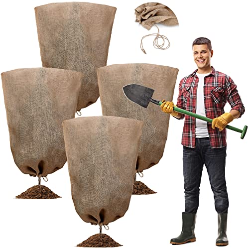 Woanger 4 Pcs 40 x 56 Inch Burlap Winter Plant Cover Bags Reusable