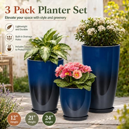 Neoaider Set of 3 Tall Planter, 24/21/12in Large Plastic Planter, Dark Blue - color: Dark Blue