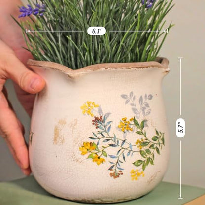 Ceramic Flower Vase, Rustic Farmhouse Vases & Planting Pots with Drainage - color: Yellow Blooms