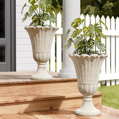 Tall Plastic Urn Planters and Pedestal - 24" Outdoor Planter Beige - color: Yellowish Beige-petal