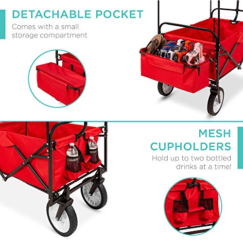 Best Choice Products Collapsible Folding Outdoor Utility Wagon with Canopy Garden Cart for Beach, Picnic, Camping, Tailgates w/Removable Canopy, Detachable Pockets, 150lb Weight Capacity - Red - color: Red