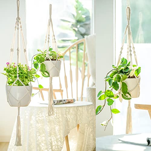 Mkono 3 Pack Macrame Plant Hanger, Hanging Planters for Indoor Plants Ivory - color: Ivory
