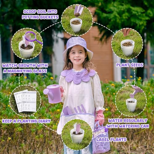 ROBOTIME Kids Gardening Set, 17PCS Toddler Gardening Tools, Toddler Gardening Set with Apron, Hat, Gloves, Watering Can & Tool Bag – Outdoor Play Garden Kit for Kids for Hands-On Learning (Purple ) - color: Purple