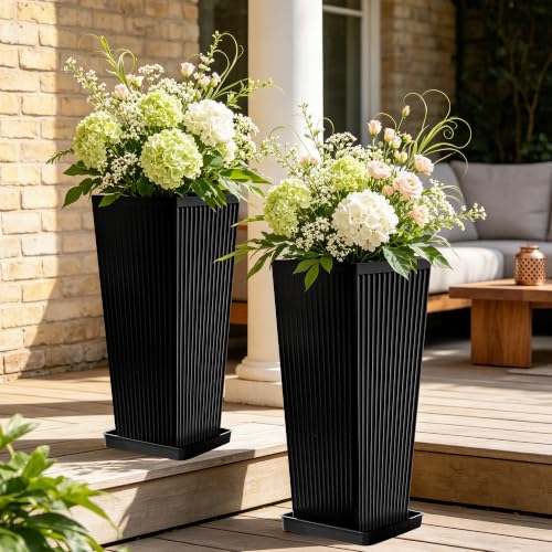 24" Tall Black Planters for Outdoor Plants with Tray Set of 2 Resin - color: Black-smooth
