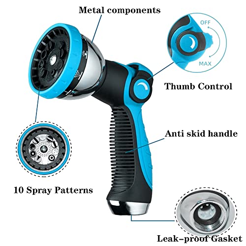 Garden Hose Nozzle Spray Nozzle,10 Hose Metal Duty Watering Patterns Thumb Control On Off Valve, High Pressure Nozzle Sprayer for Watering Plants, Car Wash,Cleaning,Showering Pets Blue - color: Blue