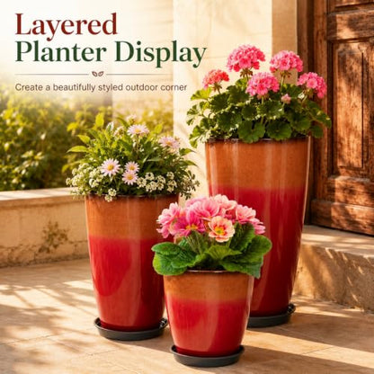 Neoaider Set of 3 Tall Planter, 24/21/12in Large Plastic Planter, Firey Red - color: Fiery Red