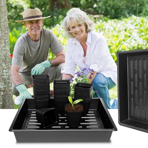 RooTrimmer 4 inch (10CM) Square Nursery Pots 60pcs, Sturdy Seedlings Trays 5 Pcs, Seeds Starter Germination Tray, Microgreening Planter Nursery Propagation 5 Sets - size: 4" Pots-60P + 16.2" x 13.2" x 2.6" Trays-5P