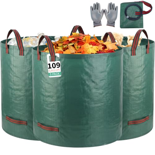 3 Pack 109Gal Tear-Resistant Reusable Yard Waste Bags with Gloves