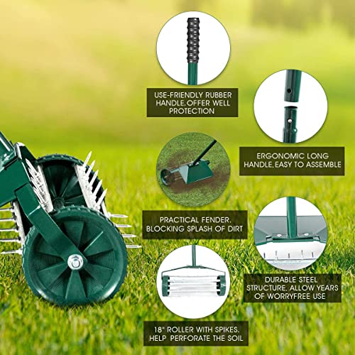 Goplus Rolling Lawn Aerator, 18-Inch Garden Yard Rotary Push Tine Heavy Duty Spike Soil Aeration, Manual Lawn Aeration Tool w/ 41-Inch Handle (Green w/Fender) - color: Green w/ Fender