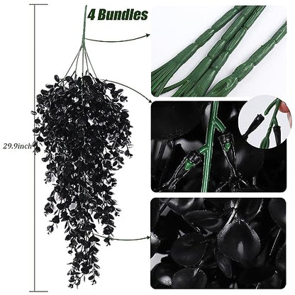 RECUTMS 4PCS Black Artificial Hanging Eucalyptus Plants for Halloween - color: Black