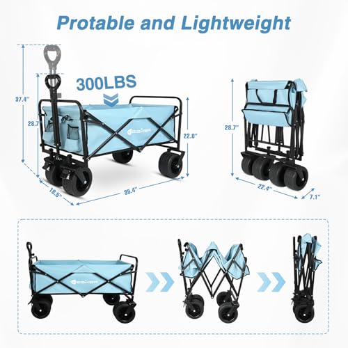 Yesker Foldable Wagon - 300lbs Collapsible Garden Carts with All Terrain Wheels for Outdoor Camping Sports Shopping Gardening - Heavy Duty Portable Utility Trolley (Blue) - color: Blue, size: 35*22*18"