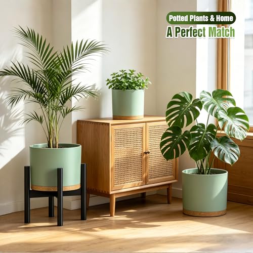 10/9/8 Inch Plant Pots 3 Pack, with Drainage Hole & Saucers - color: Matte Green&brown