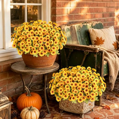 12 PCS Artificial Mums for Outdoors, UV Resistant Fake Fall Flowers - color: Yellow