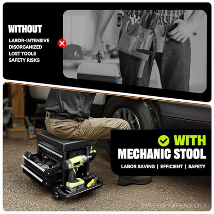 Auto Dynasty Mechanic Rolling Seat, 3-Drawer w/Tool Tray, 350LBS, Black - color: Black