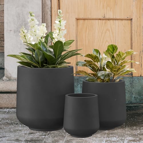Kante Set of 3 Black Concrete Curved Planters 16.5" 13" 9.4" Dia - color: Burnished Black, size: Set of 3: 15.3" + 11.6" + 8.2" D