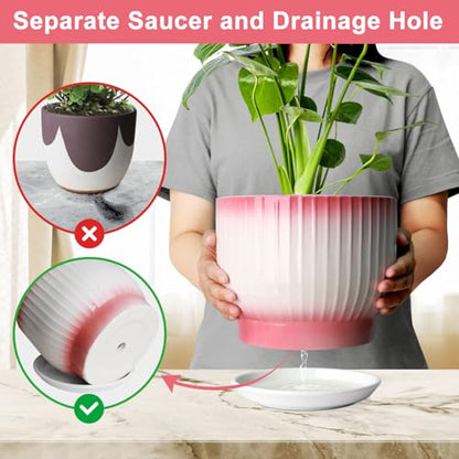 8 Inch Ceramic Plant Pot, Pink + White - color: Pink + White, size: 8 Inch(1 PCS)