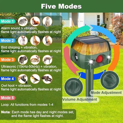 Ultrasonic Animal Repellent Outdoor,2026 Solar Animal Repeller,360°Cat Repellent Outdoor with Motion Sensor & Flame Light,Waterproof Deer Repellent Devices for Repelling Deer,Rabbit,Raccoon,Squirrels